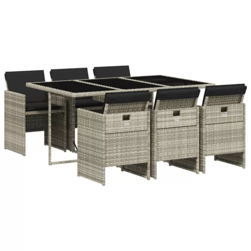  7 részes világosszürke polyrattan kerti étkezőszett párnával