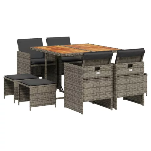  9 részes szürke polyrattan kerti étkezőgarnitúra párnával