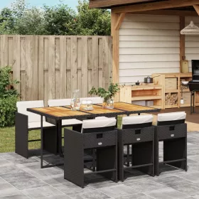    7 részes fekete polyrattan kerti étkezőgarnitúra párnával