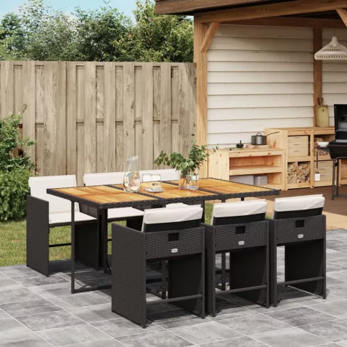  7 részes fekete polyrattan kerti étkezőgarnitúra párnával