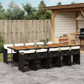    11 részes fekete polyrattan kerti étkezőgarnitúra párnákkal