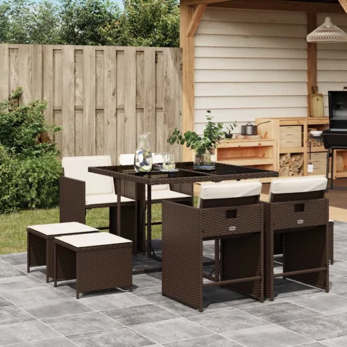  9 részes barna polyrattan kerti étkezőgarnitúra párnákkal