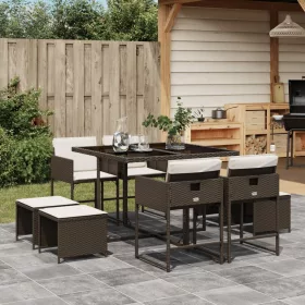    9 részes barna polyrattan kerti étkezőgarnitúra párnákkal