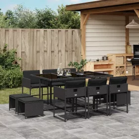    11 részes fekete polyrattan kerti étkezőgarnitúra párnákkal