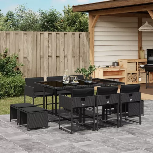  11 részes fekete polyrattan kerti étkezőgarnitúra párnákkal
