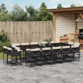    15 részes fekete polyrattan kerti étkezőgarnitúra párnákkal