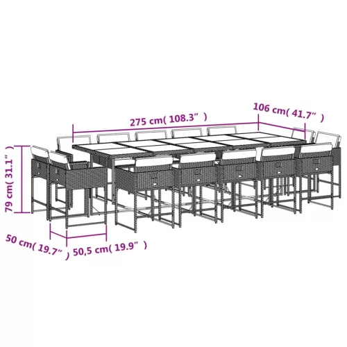  15 részes fekete polyrattan kerti étkezőgarnitúra párnákkal
