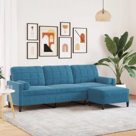  3 személyes kék bársonykanapé lábtartóval 210 cm