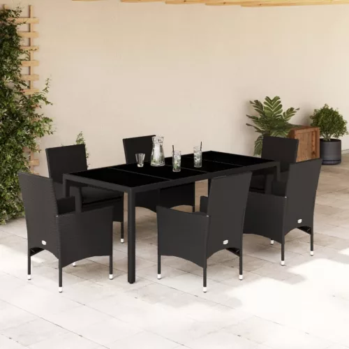  7 részes fekete polyrattan/üveg kerti étkezőgarnitúra párnával