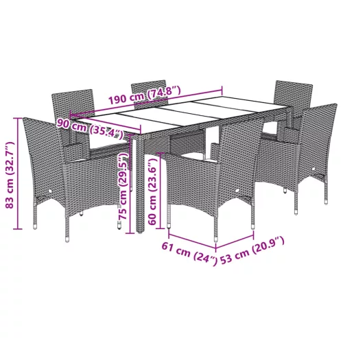  7 részes fekete polyrattan/üveg kerti étkezőgarnitúra párnával