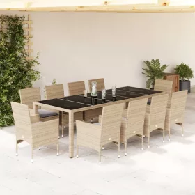    11 részes bézs polyrattan/üveg kerti étkezőgarnitúra párnákkal