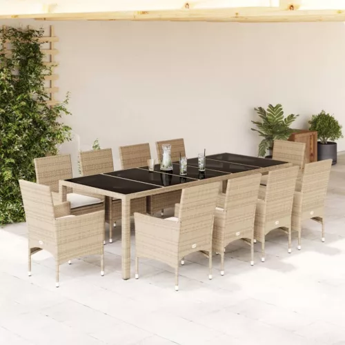 11 részes bézs polyrattan/üveg kerti étkezőgarnitúra párnákkal