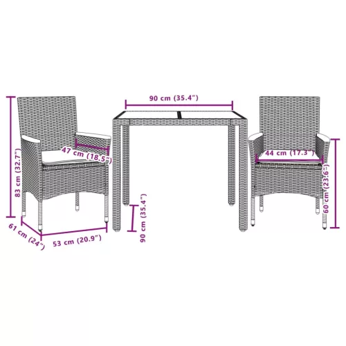  3részes szürke polyrattan/akácfa kerti étkezőgarnitúra párnával