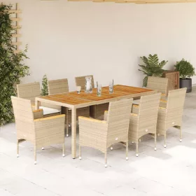    9 részes bézs polyrattan/akácfa kerti étkezőgarnitúra párnákkal