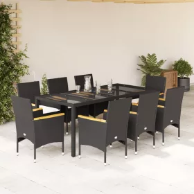    9 részes fekete polyrattan/üveg kerti étkezőgarnitúra párnákkal