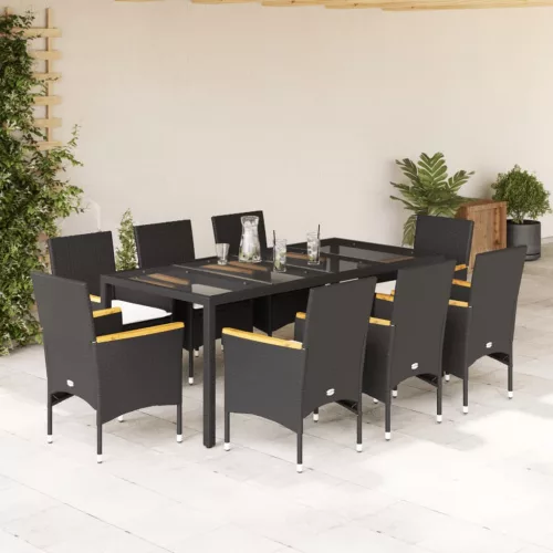  9 részes fekete polyrattan/üveg kerti étkezőgarnitúra párnákkal