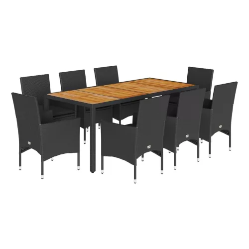 9részes fekete polyrattan/akácfa kerti étkezőgarnitúra párnákkal