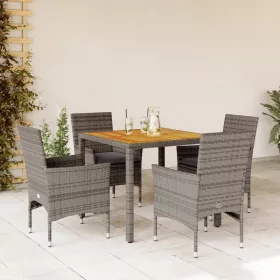    5részes szürke polyrattan/akácfa kerti étkezőgarnitúra párnával