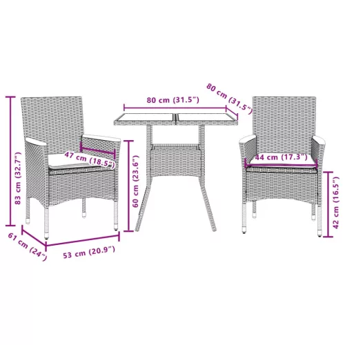 3részes fekete polyrattan/akácfa kerti étkezőgarnitúra párnákkal