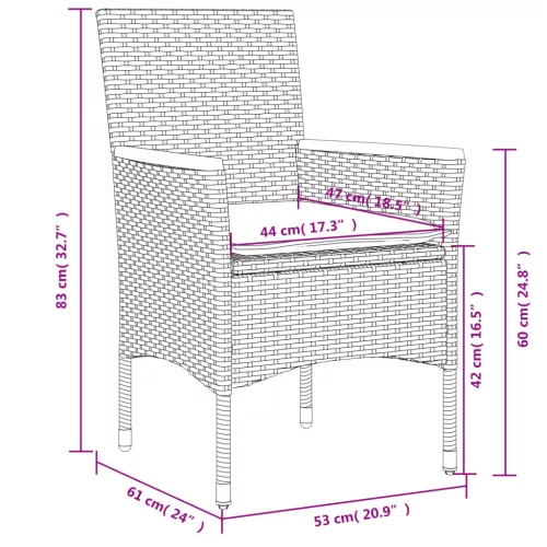 3részes fekete polyrattan/akácfa kerti étkezőgarnitúra párnákkal