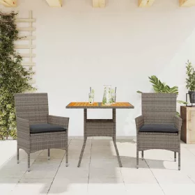    3részes szürke polyrattan/akácfa kerti étkezőgarnitúra párnával