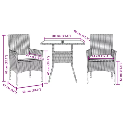 3részes szürke polyrattan/akácfa kerti étkezőgarnitúra párnával