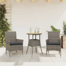    3részes szürke polyrattan/akácfa kerti étkezőgarnitúra párnával
