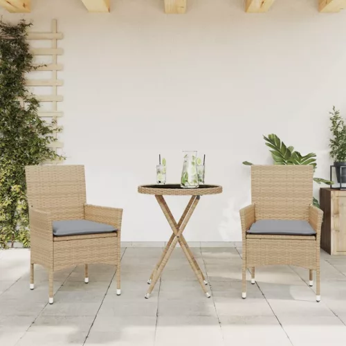 3 részes bézs polyrattan/üveg bisztrógarnitúra párnával