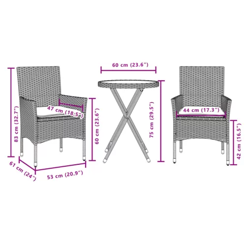  3 részes bézs polyrattan/üveg bisztrógarnitúra párnával