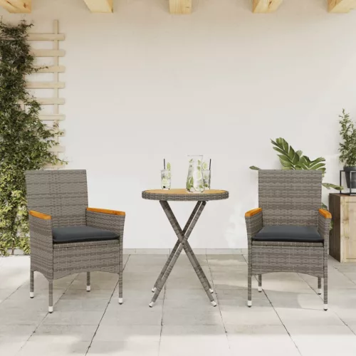  3 részes szürke polyrattan és akácfa bisztrószett párnákkal
