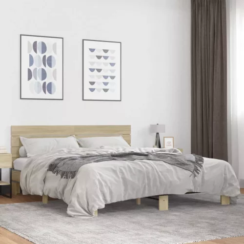  sonoma tölgyszínű szerelt fa és fém ágykeret 200 x 200 cm