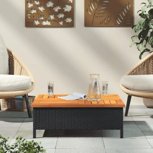  fekete polyrattan és akácfa kerti asztal 70 x 70 x 25 cm
