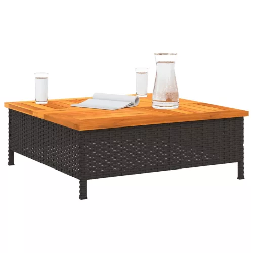  fekete polyrattan és akácfa kerti asztal 70 x 70 x 25 cm