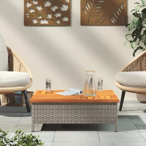  szürke polyrattan és akácfa kerti asztal 70 x 70 x 25 cm