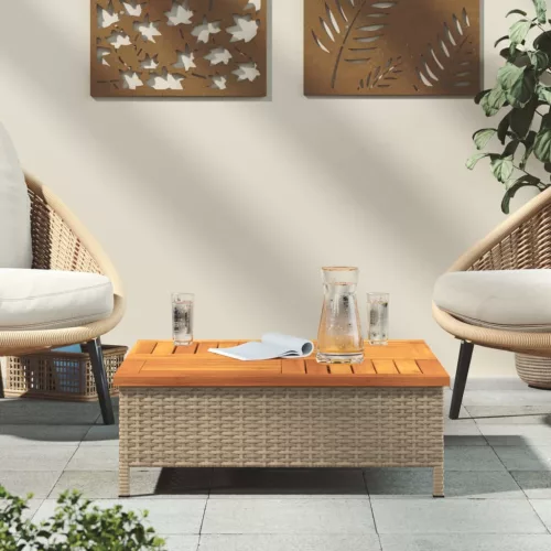  bézs polyrattan és akácfa kerti asztal 70 x 70 x 25 cm