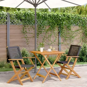  3 részes fekete polyrattan és tömör fa bisztrószett
