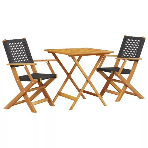  3 részes fekete polyrattan és tömör fa bisztrószett