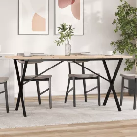    tömör fenyőfa és acél étkezőasztal X-vázzal 160x80x75,5 cm