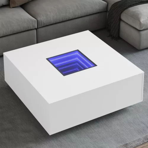  fehér végtelen hatású LED-es dohányzóasztal 100 x 100 x 40 cm