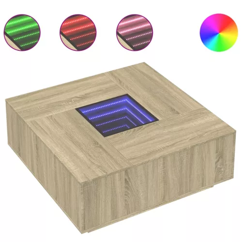  tölgy színű végtelen hatású LED-es dohányzóasztal 100x100x40 cm