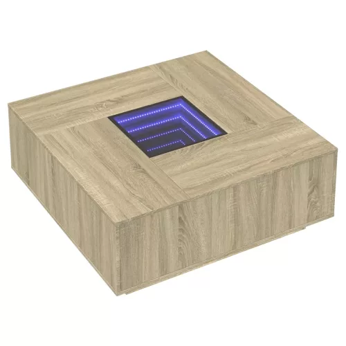  tölgy színű végtelen hatású LED-es dohányzóasztal 100x100x40 cm
