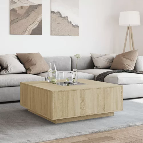  tölgy színű végtelen hatású LED-es dohányzóasztal 100x100x40 cm