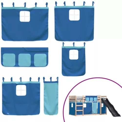  kék emeletes ágy csúszdával és függönnyel 90 x 190 cm