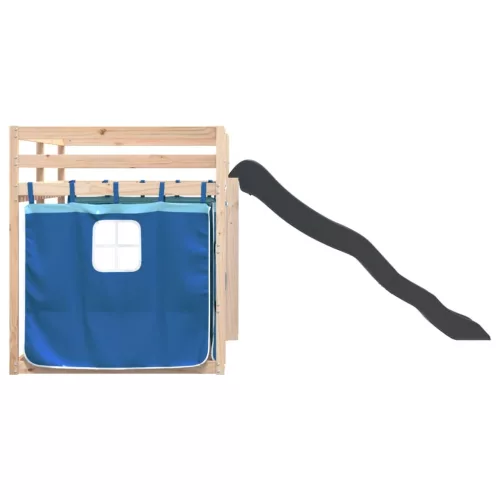  kék emeletes ágy csúszdával és függönnyel 90 x 190 cm