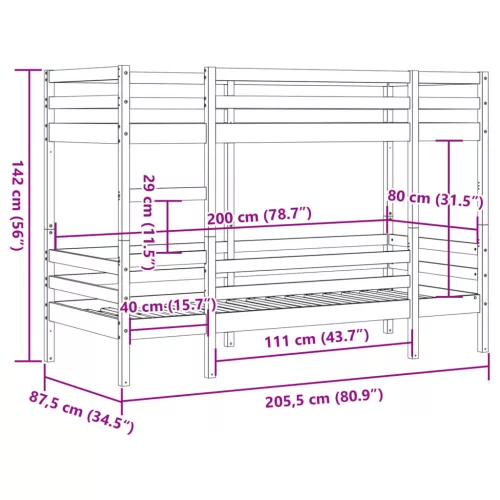  viaszbarna tömör fenyőfa emeletes ágy 80 x 200 cm