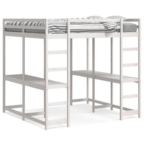  fehér tömör fenyőfa galériaágy asztallal és létrával 140x200 cm