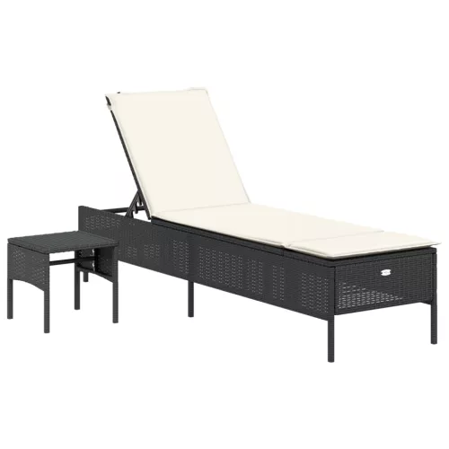 3 részes fekete polyrattan napozóágy szett párnával