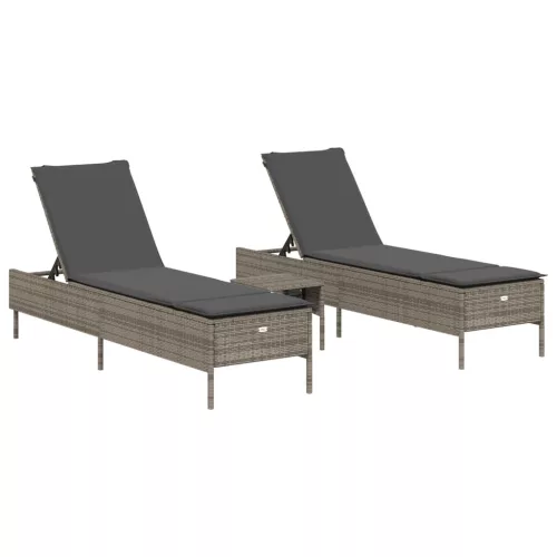  3 részes szürke polyrattan napozóágy szett párnával