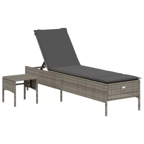  3 részes szürke polyrattan napozóágy szett párnával