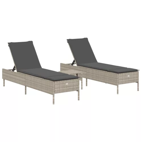  3 részes világosszürke polyrattan napozóágy szett párnával
